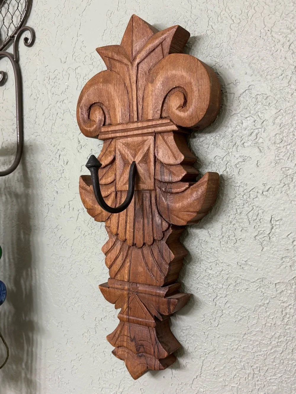Large Rustic Solid Hand Carved Wood Wall Coat Keys Entryway Hook VTG 14.75”X6.5”